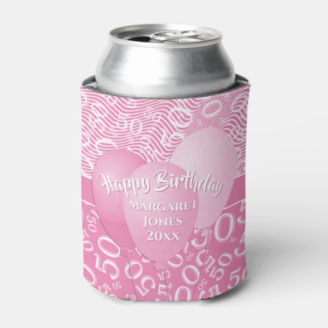 Happy Birthday 50th Number Pattern Pink/White 50 Can Cooler (Can Front)