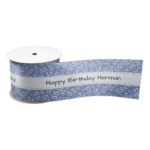 Happy Birthday 55 Number Pattern Blue/White Satin Ribbon