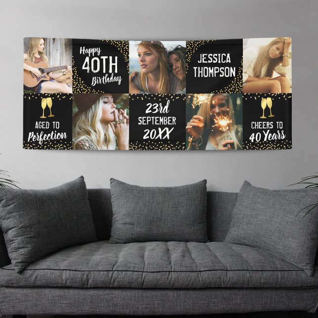 Happy Birthday 5 Photo Black Gold Banner (Creator Uploaded)