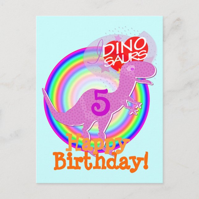 Happy Birthday 5 Years Purple T-Rex Dino Postcard (Front)