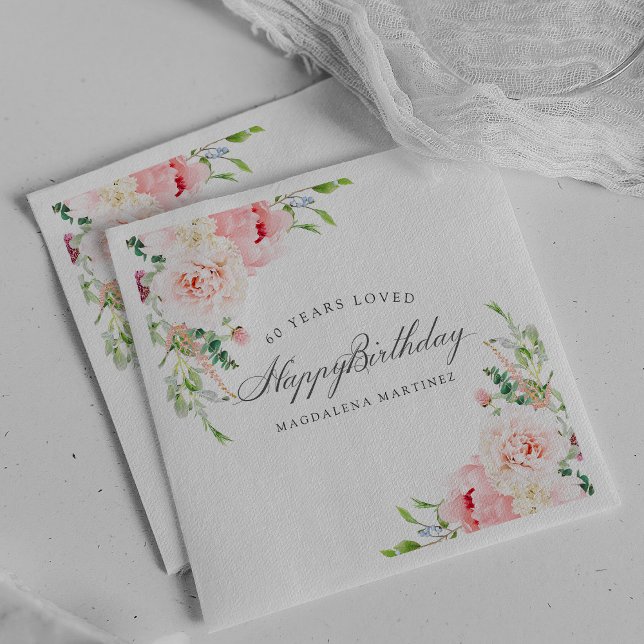Happy Birthday 60 Years Loved Pink Floral Custom Napkin (Creator Uploaded)