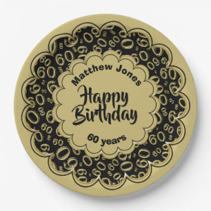 Happy Birthday 60th Black/Gold Number Pattern Paper Plate