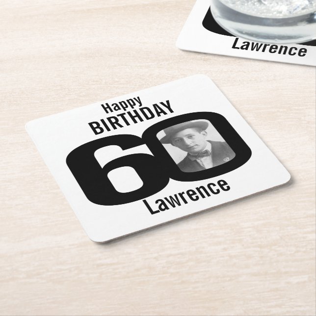 Happy birthday 60th name and photo paper coasters (Angled)
