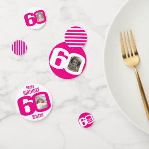 Happy birthday 60th name photo pink white confetti