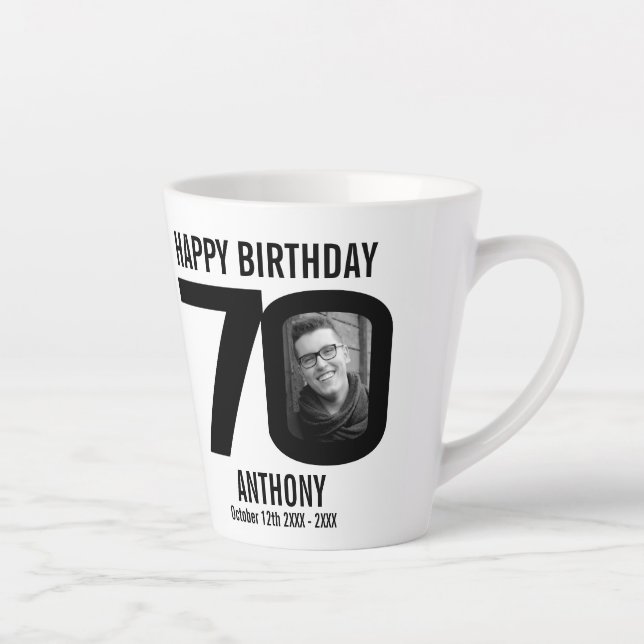 Happy birthday 70 name and two photos in year latte mug (Right)