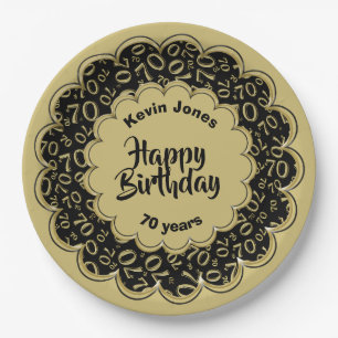 Happy Birthday 70th Black/Gold Number Pattern Paper Plate