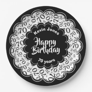 Happy Birthday 70th Black/White Number Pattern Paper Plate