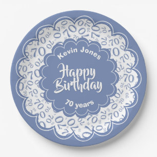 Happy Birthday 70th Blue/White Number Pattern Paper Plate