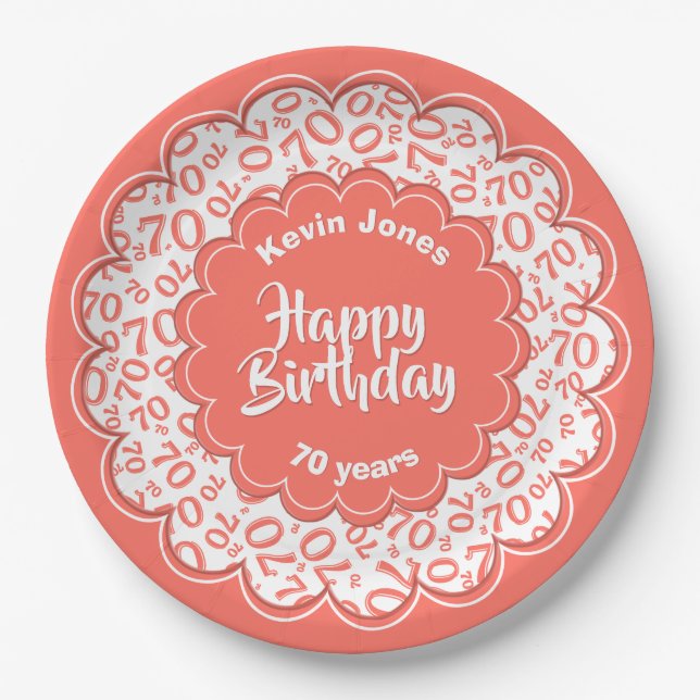 Happy Birthday 70th Coral/White Number Pattern Paper Plate (Front)