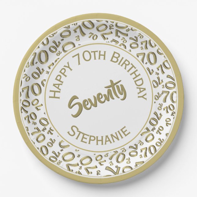 Happy Birthday 70th Gold/White Number Pattern Paper Plate (Front)