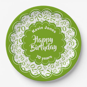 Happy Birthday 70th Green/White Number Pattern Paper Plate