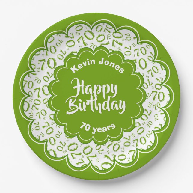 Happy Birthday 70th Green/White Number Pattern Paper Plate (Front)