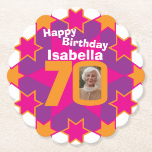 Happy birthday 70th name and photo paper coasters