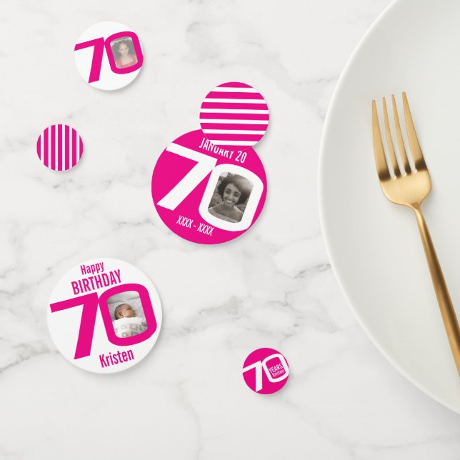 Happy birthday 70th name photo pink white confetti (Group)