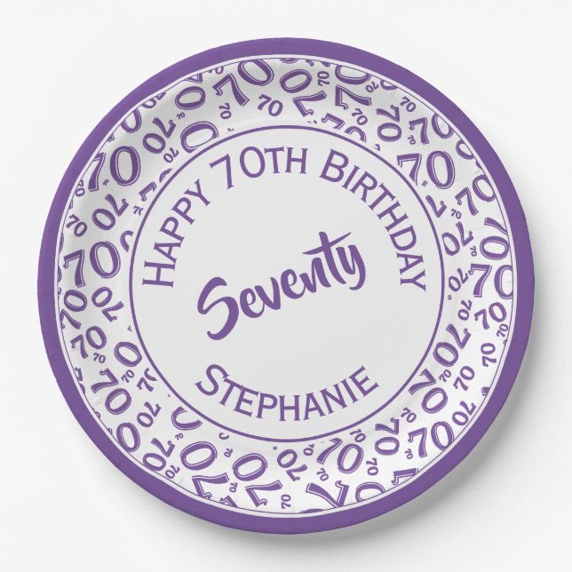 Happy Birthday 70th Purple/White Number Pattern Paper Plate (Front)