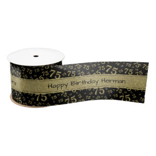 Happy Birthday 75 Number Pattern Black/Gold Satin Ribbon