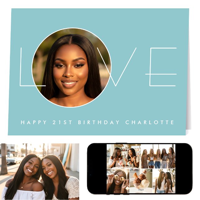 Happy Birthday 7 Photo Collage Love Elegant Blue Card (Creator Uploaded)