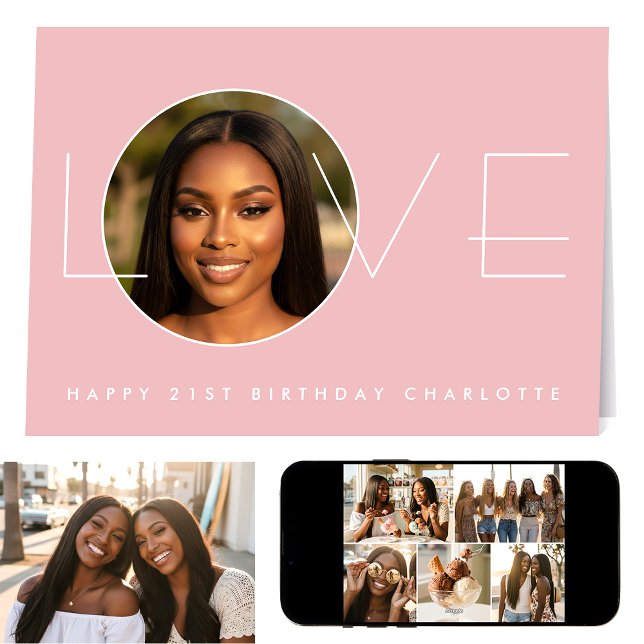 Happy Birthday 7 Photo Love Elegant Blush Pink Card (Creator Uploaded)