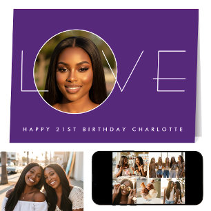 Happy Birthday 7 Photo Love Elegant Purple Card