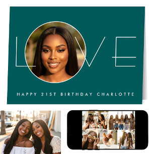 Happy Birthday 7 Photo Love Elegant Teal Green Card