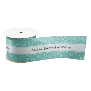 "Happy Birthday" 80 Number Pattern Teal and White Satin Ribbon