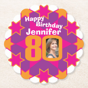 Happy birthday 80th name and photo paper coasters