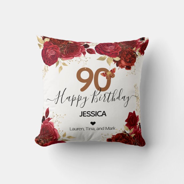 Happy Birthday 90 Floral Roses Personalised Throw Cushion (Front)