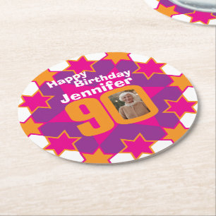 Happy birthday 90 name and photo paper coasters