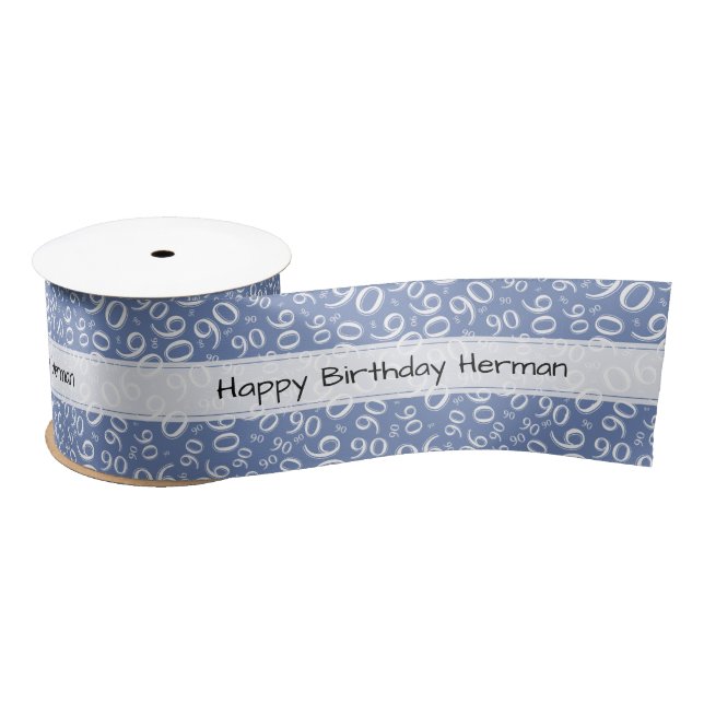"Happy Birthday" 90 Number Pattern Blue and White Satin Ribbon (Spool)