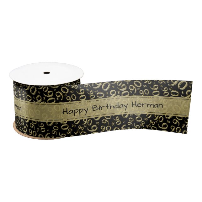 "Happy Birthday" 90 Number Pattern Gold and Black Satin Ribbon (Spool)
