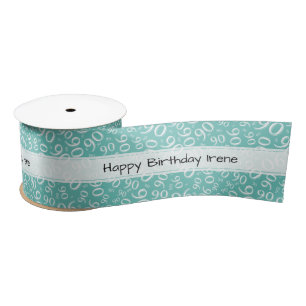 Happy Birthday 90 Number Pattern Teal/White Satin Ribbon