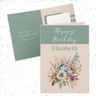 Happy Birthday add name boho floral green Card