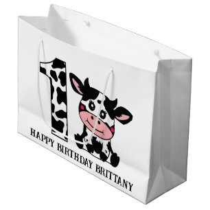 Happy Birthday add  name farm cow kids unisex Large Gift Bag