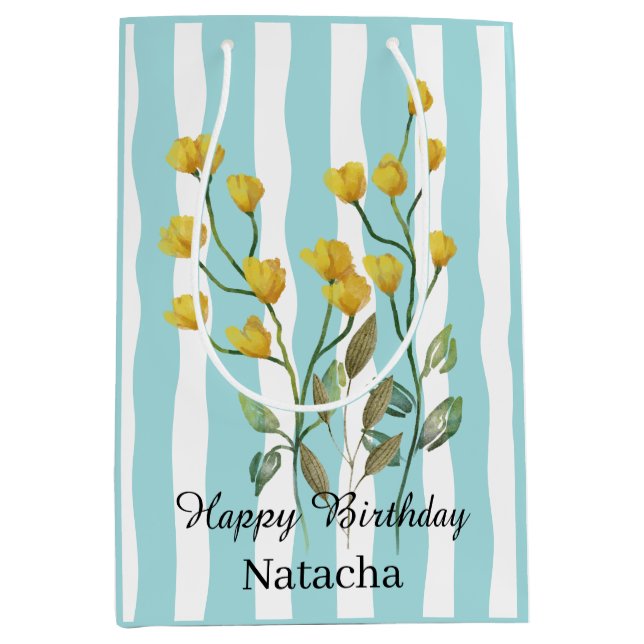 Happy birthday Adorable sweet blue stripes floral Medium Gift Bag (Front)