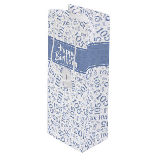 Happy Birthday Age 105 Number Pattern Blue/White Wine Gift Bag