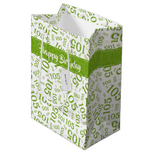 Happy Birthday Age 105 Number Pattern Green/White Medium Gift Bag