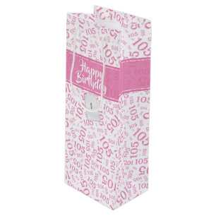 Happy Birthday Age 105 Number Pattern Pink/White Wine Gift Bag