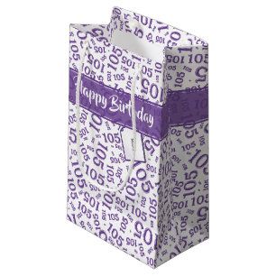 Happy Birthday Age 105 Number Pattern Purple/White Small Gift Bag