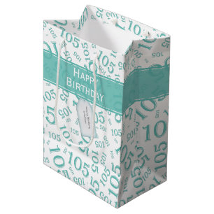 Happy Birthday Age 105 Number Pattern Teal/White Medium Gift Bag