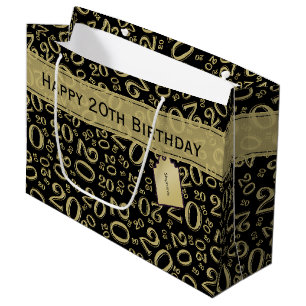 Happy Birthday Age 20 Number Pattern Black/Gold Large Gift Bag