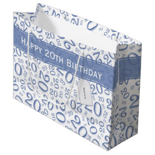 Happy Birthday Age 20 Number Pattern Blue/White Large Gift Bag