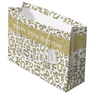 Happy Birthday Age 20 Number Pattern Gold/White Large Gift Bag