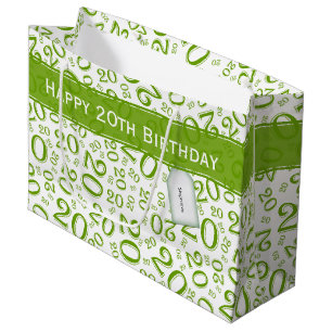 Happy Birthday Age 20 Number Pattern Green/White Large Gift Bag
