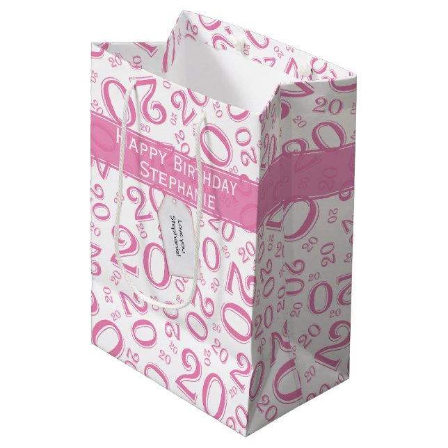 Happy Birthday Age 20 Number Pattern Pink/White Medium Gift Bag (Front Angled)