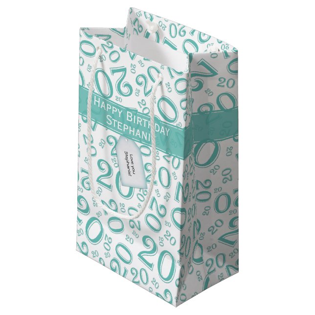 Happy Birthday Age 20 Number Pattern Teal/White Small Gift Bag (Front Angled)