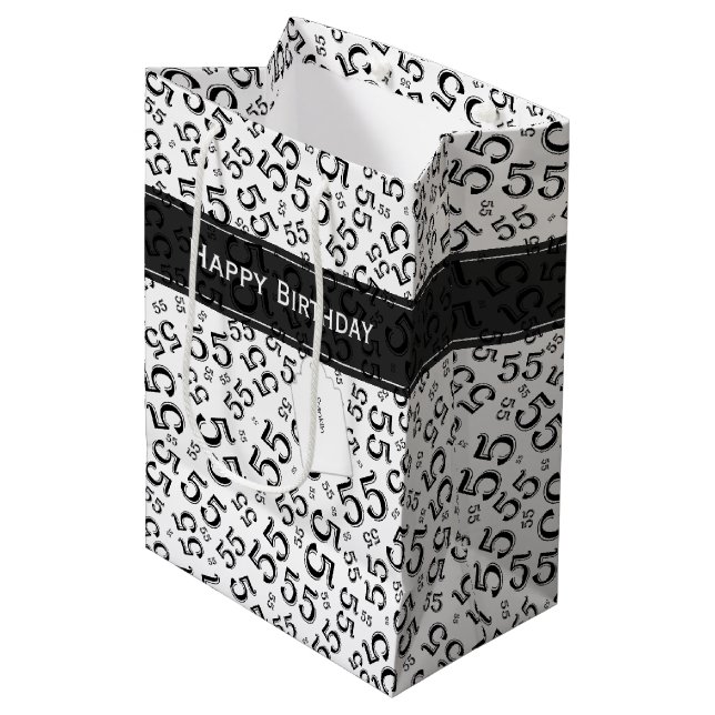 Happy Birthday Age 55 Number Pattern Black/White Medium Gift Bag (Front Angled)