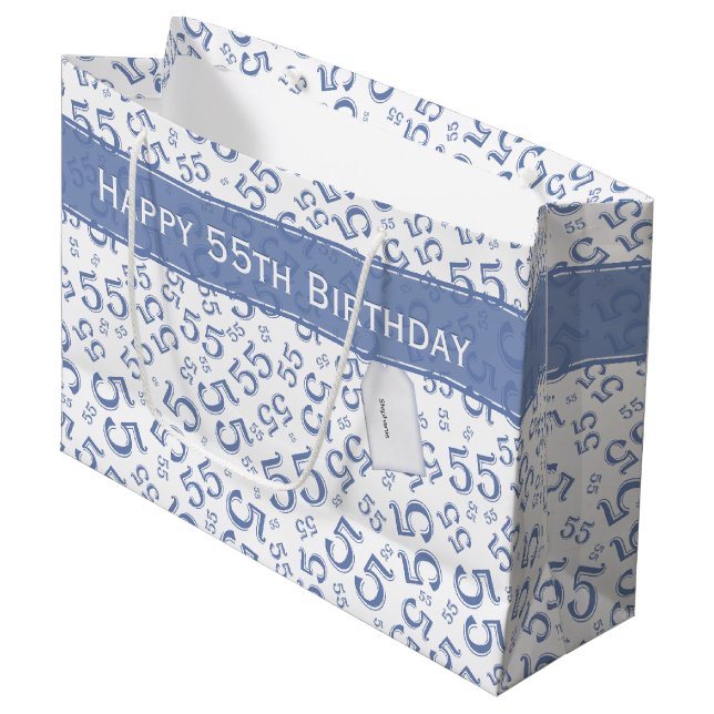 Happy Birthday Age 55 Number Pattern, Blue/White, Large Gift Bag (Front Angled)