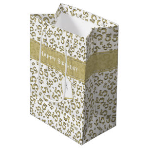 Happy Birthday Age 55 Number Pattern Gold/White Medium Gift Bag