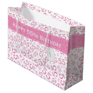 Happy Birthday Age 55 Number Pattern Pink/White Large Gift Bag