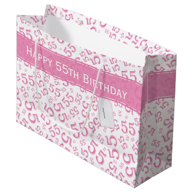 Happy Birthday Age 55 Number Pattern Pink/White Large Gift Bag (Front Angled)